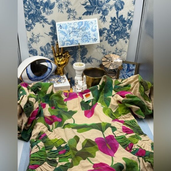 🆕 FARM Rio 🧿 NWOT Anthurium Leaves Linen Square Neck Mini Dress, Sand - Sz XL - Picture 12 of 16